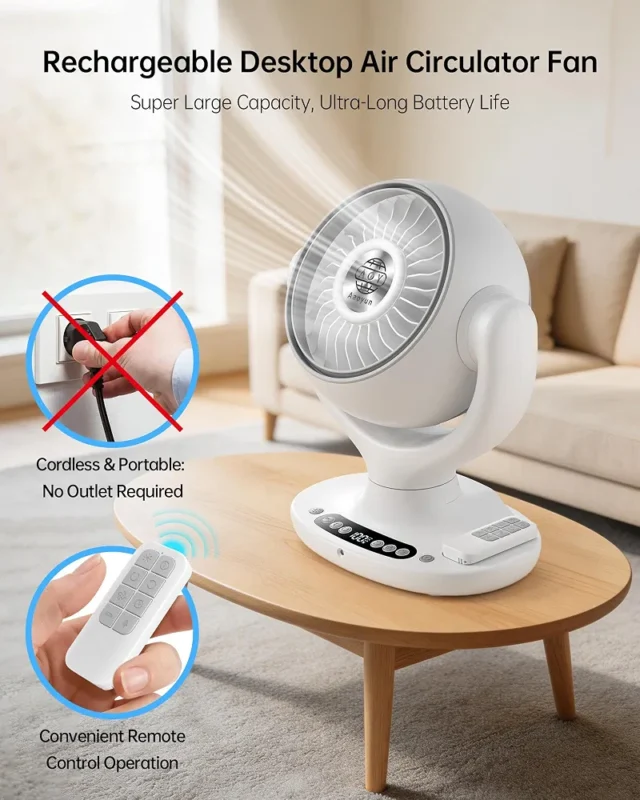 AOY D4 Rechargeable Desk Fan with Remote Control, 12000mAh Battery, 3D Oscillation and LED Night Light