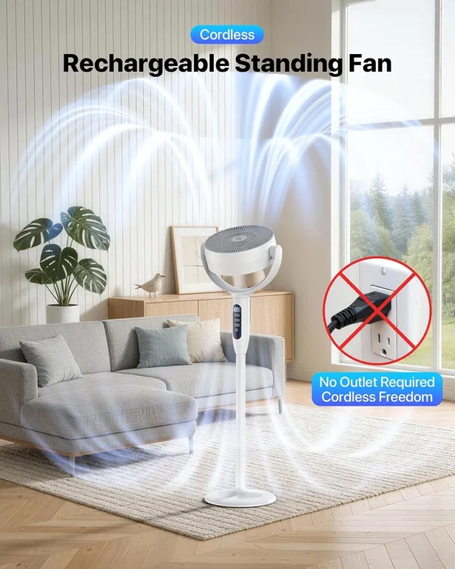 AOY D1 Rechargeable Standing Fan with Remote Control, 12000mAh Battery, 3D Oscillation and LED Light