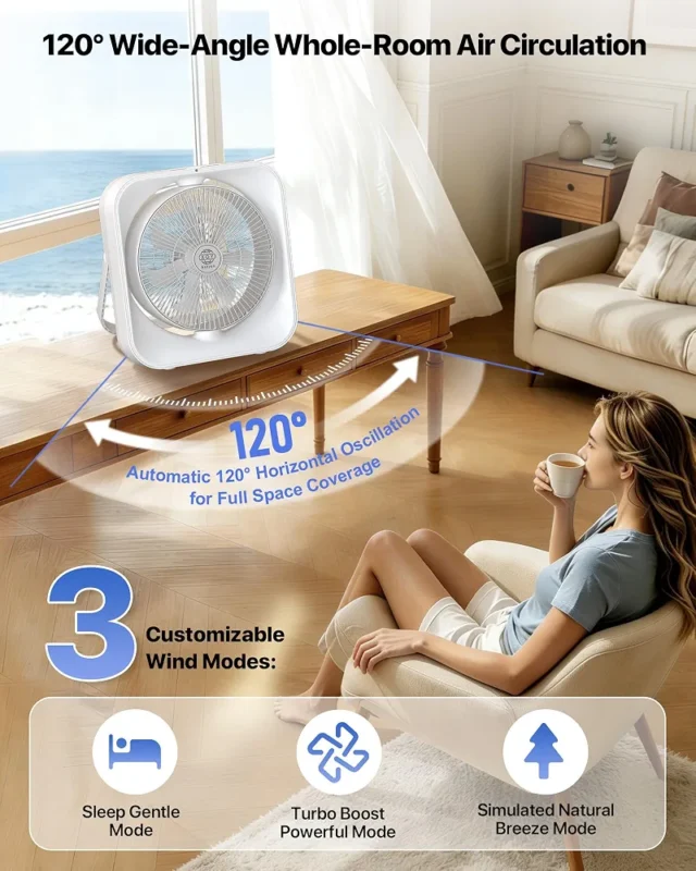 AOY D7 rechargeable white table fan with remote control, 120-degree oscillation, LED display, portable cordless design, and foldable carry handle for home, office, and camping use.