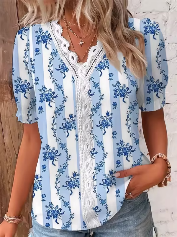 Women V Neck Splice Lace Decoration Pullover Shirt Elegant Botanical Flowers Prints Female Blouse Summer Casual Short Sleeve Top