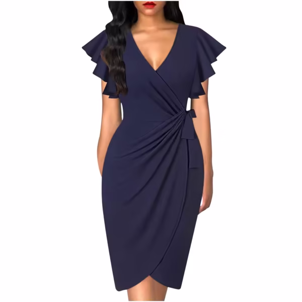 Summer Elegant Bodycom Dress Lady V-Neck Petal Sleeve Dress Solid Color Pleated Work Robe Clothes