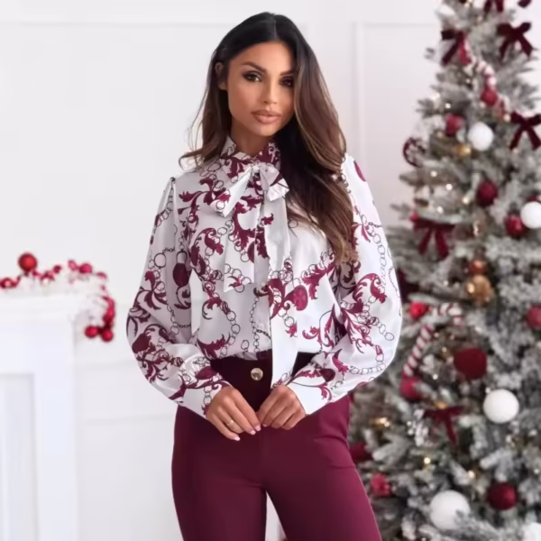 Spring New Elegant Bow Women Shirt Vintage Popular Printed Shirts Autumn Office Ladies Blouse Fashion Long Sleeve Commuting Tops