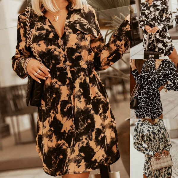 Womens Long Sleeved Printed Shirt Dress With Waistband