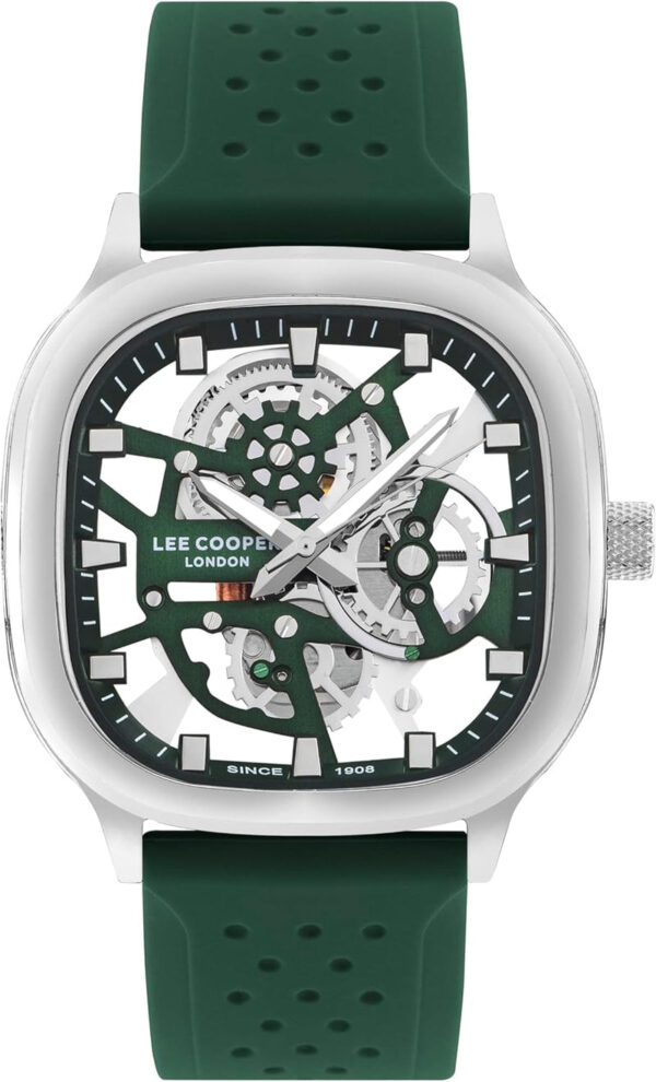 Lee Cooper London Skeleton Dial Watch with Green Dial and Perforated Strap