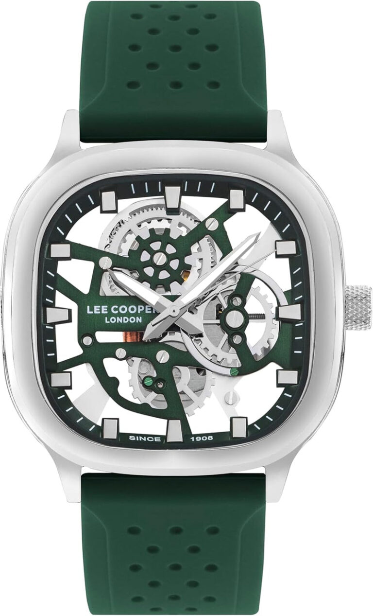 Lee Cooper London Skeleton Dial Watch with Green Dial and Perforated Strap