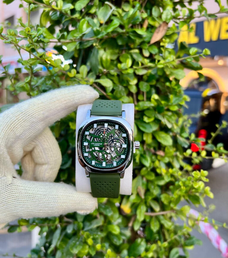 Lee Cooper London Skeleton Dial Watch with Green Dial and Perforated Strap